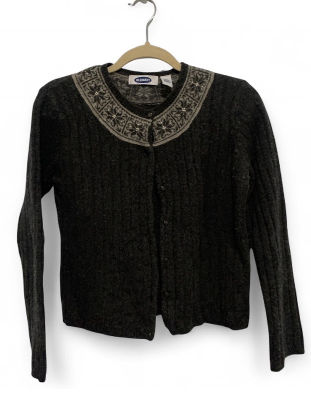 Vintage Old Navy Black Wool-Blend Fair Isle Grandma Cardigan Sweater